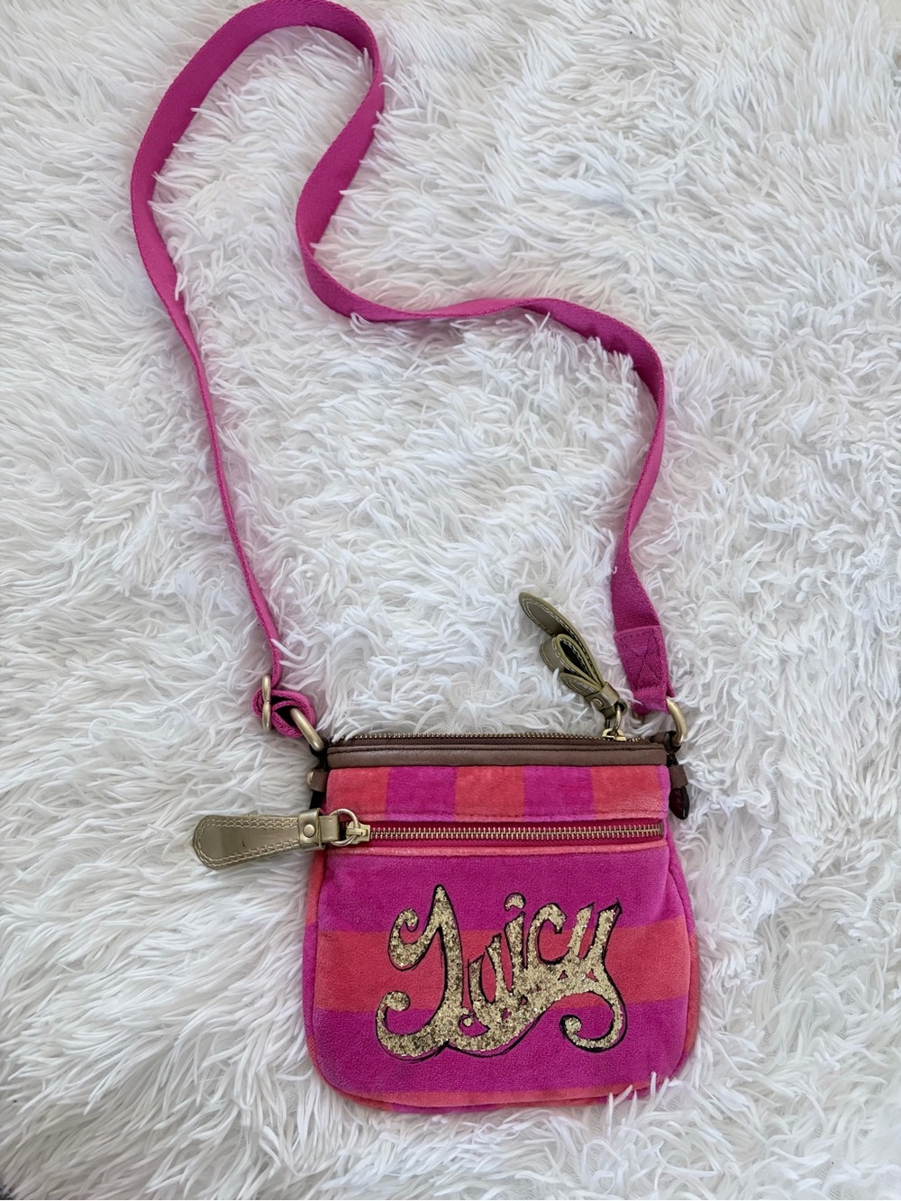 Juicy Couture Pink and Red Striped Velour Crossbody Bag